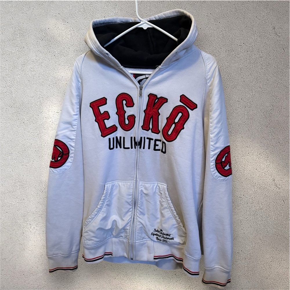Ecko Unlimited White and Red Hoodie Jacket 2000s Size L